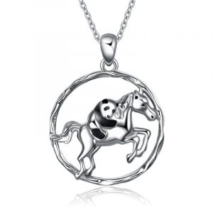Collar con colgante de caballo y panda de plata de ley 925