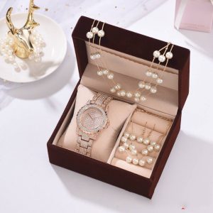 Conjunto de collar y pendientes con pulsera de perlas y reloj de diamantes para mujer