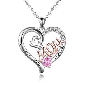 Collar para mamá de plata de ley S925 con forma de corazón y piedra rosa, colgante de amor para mamá, joyería con piedra natal para mujer, regalos para madre