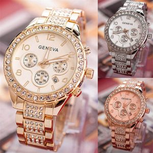Reloj con calendario de diamantes Geneva, reloj de moda para mujer, reloj de tendencia de cuarzo informal de negocios para mujer, reloj falso de tres ojos
