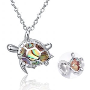 Collar de concha de abulón con foto de medallón de tortuga marina de plata para mujer